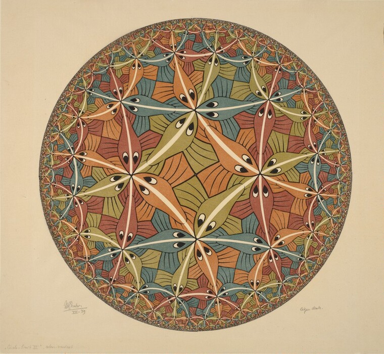 A circle filled with a pattern of interlocking fish with their mouths touching is printed with muted red, green, blue, orange, and black for this woodcut on cream-white paper. The fish mouths create three-pointed stars, and the fins fit together to create a dense design. Each fish has teardrop-shaped eyes with black pupils on white. A white stripe runs the length of each fish so that where the fins of one trio meet the mouths of another, a white asterisk form is made. The fish become smaller and then infinitesimal around the border. The artist inscribed the sheet under the printed image with “MCEscher XII-’59” to the lower left and “eigen druk” to the lower right. Another graphite inscription in the lower left corner of the sheet reads, “‘Circle-limit III’, colour-woodcut.”
