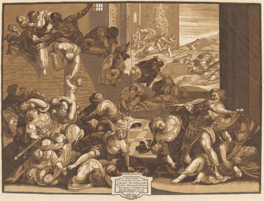 This is a drawing depicting a historical massacre. The composition shows a chaotic and dramatic scene filled with intense actions, set in an urban environment. Many human figures are engaged in various poses suggesting violence and despair. In the foreground and central area, figures are intertwined, with some in the act of attacking or defending themselves, while others appear to be lamenting or succumbing. The background contains architectural structures and faint horizon lines. The artwork uses a monochromatic color palette.
