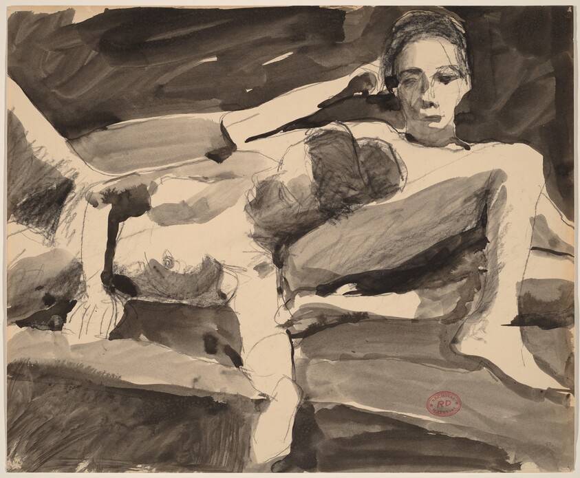 Untitled [reclining nude resting her head on a seated nude]
