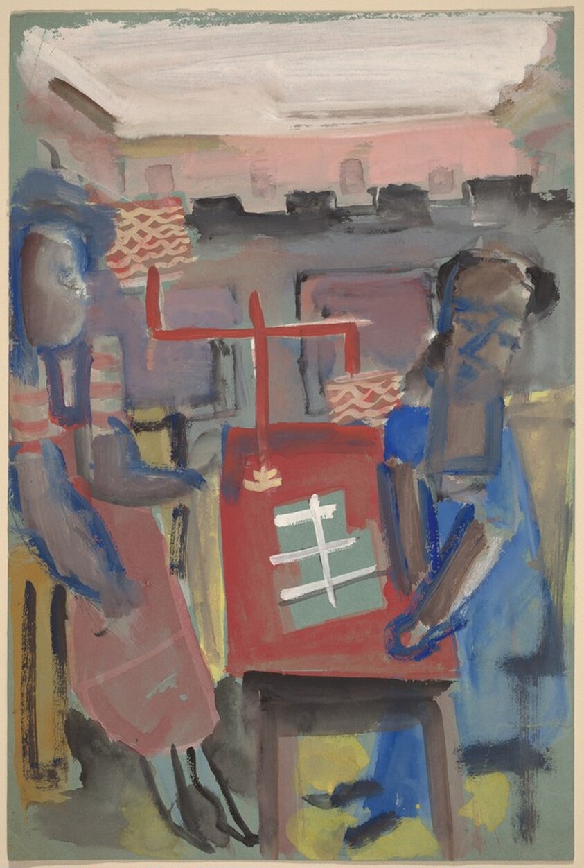Two Figures Seated at a Red Table