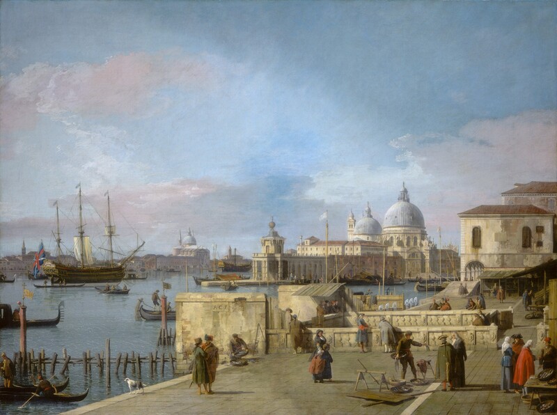 We look slightly down onto a port-side town along a canal, with a church across the water from us in this horizontal landscape painting. A bright blue sky with billowing white, pink, and gray clouds fills the top two-thirds of the painting. Below, a three-masted ship with all but one sail furled is surrounded by a couple dozen black long, low boats, gondolas, and one or two other sailboats. People stand and walk mostly in pairs and trios along the stone walkway under us, which extends into the distance to our right. The women all wear long dresses and most of the men wear suits with knee-length jackets with tails or capes, and hats. The clothing is painted in shades of brick and terracotta red, pine green, royal blue, and gray. The walkway is interrupted by two low walls that partition off an area near us. The angled roofs of stalls line the walkway in the farther distance before it is again interrupted, this time by a two-story, cream-colored building. The walkway continues as a narrower path under an arched arcade on the lower level of that building, alongside the water. On the far side of the canal, to our left and in the distance, a cluster of ivory-white buildings includes a structure with two stone-blue domes. More buildings extend into the deep distance to our left.