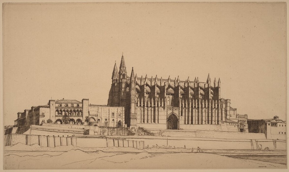 The image shows a gothic-style cathedral with intricate architecture, including pointed arches and spires. The viewpoint is across an open space with the cathedral and surrounding buildings dominating the midsection against the sky. The horizon is low and the etching technique used emphasizes detail. The color palette is mainly sepia, giving a historical feel. There are gentle slopes nearby with small human figures scattered around to depict scale.