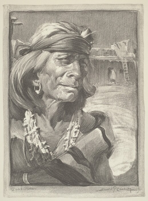 The image displays the upper torso of an elderly person in a profile view. The individual has a weathered face with high cheekbones, medium-length hair under a cloth headband, and is wearing patterned clothing, hoop earrings, and a beaded necklace. The background features a softly rendered outdoor scene with a ladder and architectural elements.