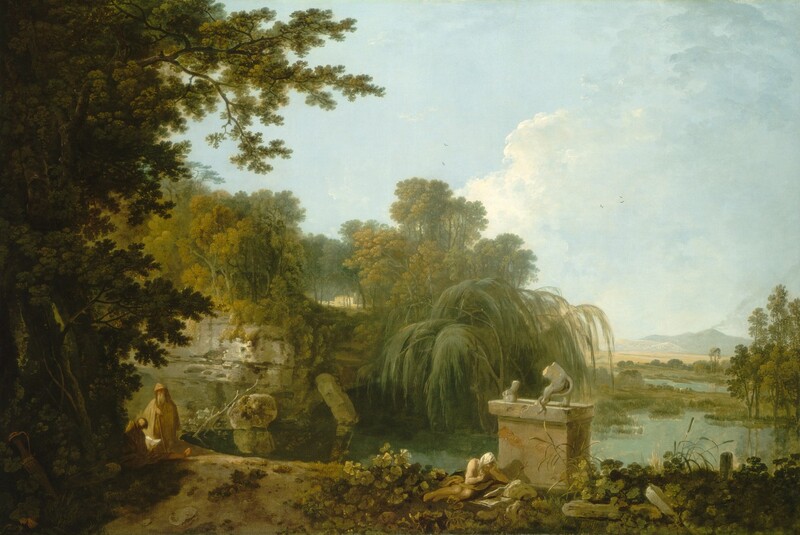 The partial ruins of a stone lion on a tall pedestal stands at the edge of a body of water in a verdant green landscape in this horizontal painting. The lion statue is broken so only the back half of the body and one front paw remain. The animal’s tail winds through the back legs, and the front paw rests on a ball. The pedestal is chipped and cracked, and some of the surface on the front is worn away to show brick underneath. A pale-skinned man lies on the ground with one elbow propped on the base of the pedestal. His chest is bare. A white cloth drapes over his head, hiding much of his face, and a pale yellow cloth lies across his hips. He holds in other hand to his chest and looks down at a book propped on a rock. A wooden cross, about the length of the man’s torso, also rests against the rock. Grasses and plants cover the ground around the man. A bank of deeply shaded trees rises up the left side of the canvas. Another person sits and one more stands at the foot of the trees, both wearing tan-colored robes. The seated person has short hair and bare feet. He looks down on the open pages of a book in his lap. The standing man has a long white beard, a hooded robe, and a walking stick. The waterline curves in a sharp C to our right, from behind the lion statue to near the trees. On the far side is a low arched entrance, perhaps to a grotto. The heavy branches of a willow tree bow over the water’s surface and leafy vines hang down a rocky cliff nearby. The water winds into the distance to our right, back toward a line of trees and bushes. In the deep distance, smoke wafts out the top of a mountain, presumably a volcano. White puffy clouds float against a pale blue sky above.
