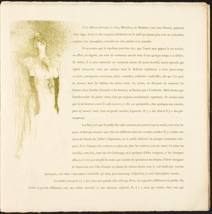 The image shows an illustration of a person depicted from the waist up. The person is looking upwards with their head tilted back and mouth open. The facial features are not distinctly detailed. The person's hair is dark and short, and they are wearing a garment with puffed sleeves. No jewelry or objects are visible in their hands. The background blends with the text on the page, which is in French and formatted in paragraphs.