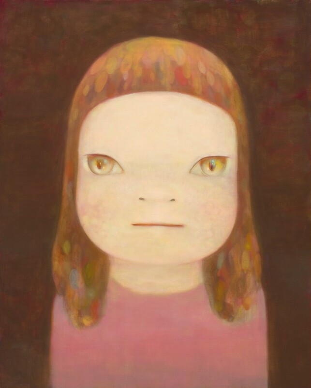 The stylized face of a light-skinned person with gold-colored eyes looks out at us against a chestnut-brown background in this vertical painting. The person’s honey-brown bangs are short on the high forehead, and hair falls to the shoulders. The person’s face is wide with notably wide-set eyes and cursory dots and a straight line for the nose and mouth. The chin is also wide. The shirt is painted as a block of rose pink. The work is painted with blended strokes giving it a soft look.