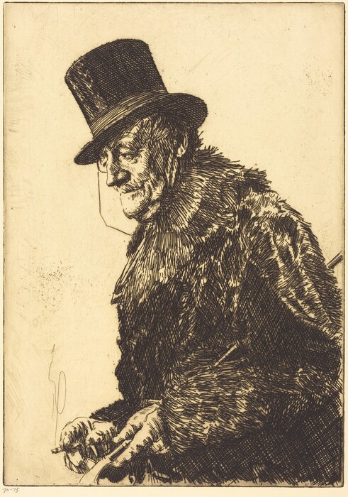 The image shows an elderly man seated, shown from the waist up. He has a prominent nose and a wrinkled face. His lips are closed, and he has a furrowed brow. The man wears a tall top hat casting a shadow over his face. He has a heavy coat and is holding a long, thin object, possibly a cane or walking stick. The background is plain.