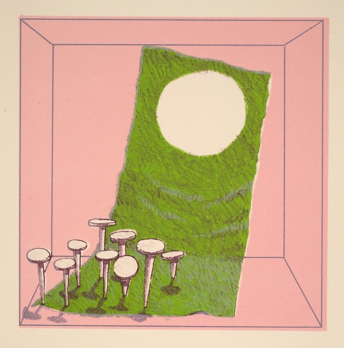 The image displays intersecting vertical and horizontal lines forming a three-dimensional perspective box in pink, enclosing an abstract composition. Inside the box, there is a large irregular green shape with a circular cutout in the background and a collection of tall, thin cylindrical forms in the foreground.