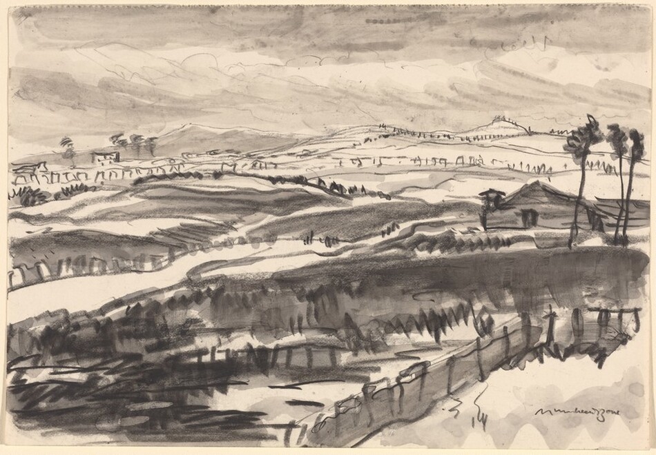 The image shows a landscape from an elevated viewpoint, with rolling terrain, a horizon in the upper third that meets a line of trees and houses fading in the distance. The brushstrokes are expressive, creating varied shades of gray with wash techniques accentuating the landscape's forms. The color palette is monochromatic in black, white, and gray. A structure with a sloping roof and a fence curving across the scene lead the eye towards distant hills under a textured, cloudy sky.