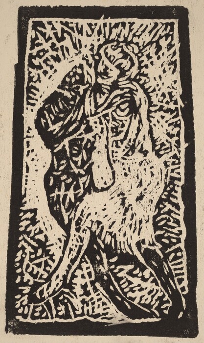 The image shows a collection of jagged and swirling lines creating an intricate and abstract pattern. In the center, the lines intertwine to suggest the shapes of two figures in close proximity. The chaotic network of lines in the background creates a texture that might evoke foliage or rippling water. Contrasts between light and dark areas fill the composition with a sense of movement.