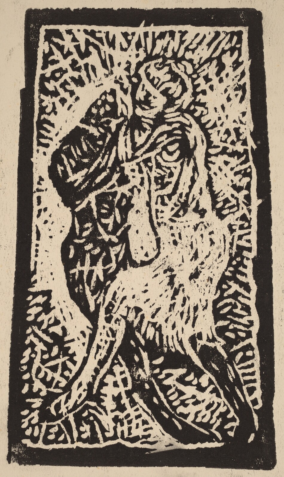 The image shows a collection of jagged and swirling lines creating an intricate and abstract pattern. In the center, the lines intertwine to suggest the shapes of two figures in close proximity. The chaotic network of lines in the background creates a texture that might evoke foliage or rippling water. Contrasts between light and dark areas fill the composition with a sense of movement.