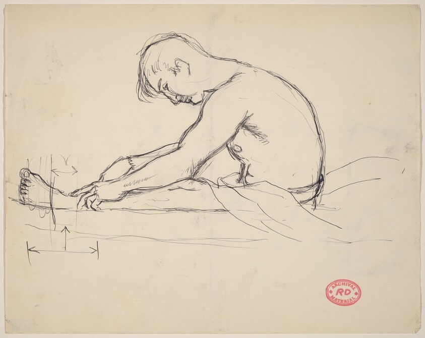 Untitled [side view of a seated man reaching for his ankles]