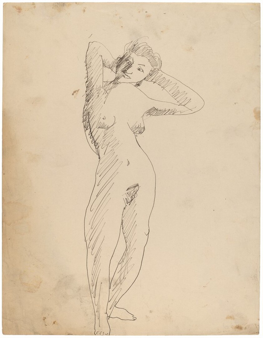 Standing Female Nude in Contraposto Stance with Hands Behind Head