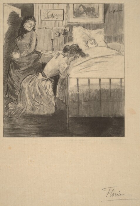 The image shows three individuals in a room. One person is lying in a bed with their head resting on a pillow, appearing to have closed eyes. They have short hair. In front of the bed, another individual is kneeling, their face turned away from the viewer, with long, dark hair tied up. The kneeling person is wearing a long-sleeved top and a long skirt. Standing to the left is a third individual with curly dark hair, wearing a long-sleeved dress. The room is decorated with framed pictures on the wall, a shelf with various small items, and a bed with a metal frame. The setting suggests a domestic interior with patterned wallpaper and wooden flooring.