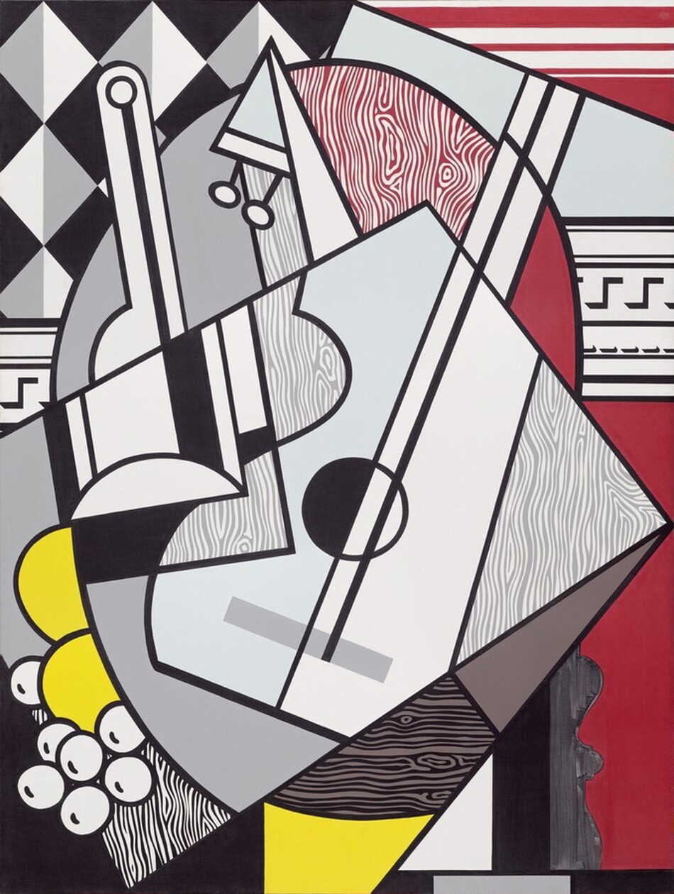 An instrument, forms possibly representing grapes, wood grain, and other shapes are painted with hard-edged black outlines filled in with white, gray, red, or yellow in this abstracted, vertical still life painting. A fragmented guitar takes up most of the middle of the composition. Gray, black, and red areas of wood grain are spaced around and across the painting. Stylized molding stretches behind the objects, and white balls with black dashes, suggesting glints, could be grapes near the lower right.