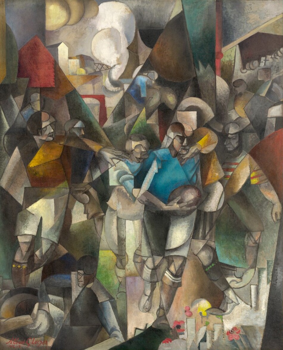This painting shows geometric shapes and intersecting lines that suggest a group of people in a fractured view. Angular planes suggest faces and limbs, with colorful shapes that could be clothing. In the center, shapes form the vague appearance of a person in a light blue shirt with light brown skin holding a brown oval. Other people seem to reach towards this person, with disembodied hands pointing towards the center of the painting. At the bottom of the painting, several sets of legs and feet are visible. At the top, white curving shapes could indicate smoke or clouds.