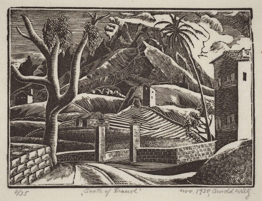 The image is viewed from an eye-level perspective. The horizon is high in the scene, accentuated by the silhouette of rugged hills. There are intricate structures etched on the hills. The style is a woodcut or etching technique with fine lines. The color palette is monochromatic with tones of black and white. A large tree stands on the left, intersecting a brick pathway. Stone pillars are visible, leading to terraced fields and buildings. Palm trees and a multi-storied building are on the right. Detailed clouds fill the sky.