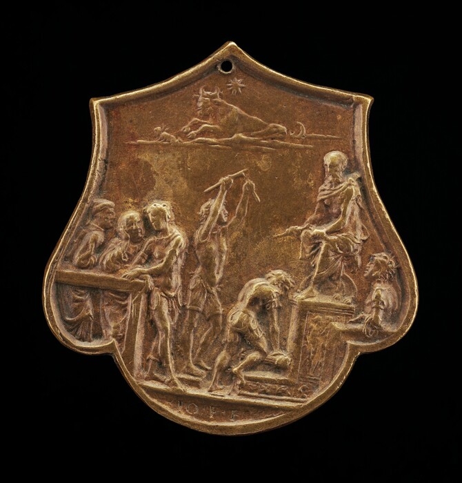 The image shows a bronze relief medal depicting various figures engaged in actions. The sculpture features human figures in different activities, a reclining bull at the top under a star, and figures working with beams. The sculpture is made of bronze, giving it a warm, metallic brown color with tarnished areas. It is shield-shaped with a hole near the top. The figures are intricately designed in low relief, conveying a sense of movement and action.