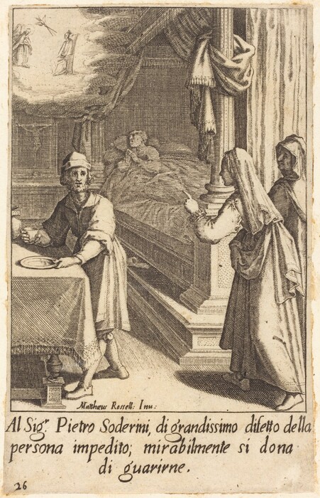 The engraving depicts a scene with multiple individuals in a room with classical architecture. In the foreground, a person is standing beside a table, holding a jug and setting a plate. To the right, a figure is reclining on a bed. Two figures on the right are standing, draped in robes. In the upper left, there are smaller figures seated opposite each other with a winged figure nearby. The background features detailed room elements like curtains and architectural beams. The engraving is richly detailed and classical in style.