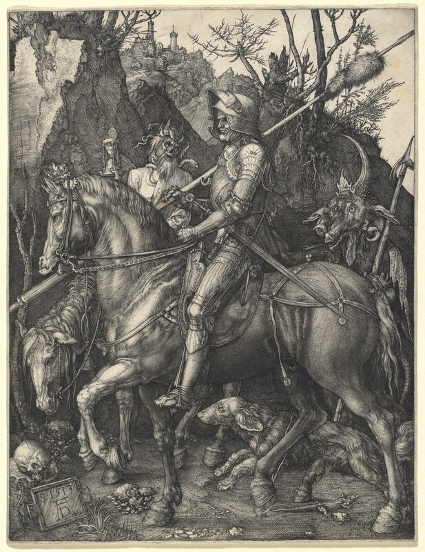 A man wearing a full suit of armor rides a horse on a narrow path alongside a ghoulish, skeletal creature wrapped in snakes and a goat-headed, horned creature, all set again sheer, rocky outcroppings that nearly fill this vertical engraving. The scene is created with fine, black lines built up in hatching and crosshatching to make deep shadows, and is printed on cream-white paper. The armored man rides toward our left in profile with a long lance resting on his right shoulder, farther from us, and the other hand holding the muscular horse’s reins. The lance extends off both sides of the paper and is wrapped with a fox’s tail near the top. The man’s face is wrinkled with deep-set eyes staring straight ahead. He has a prominent, bumped nose and wide mouth closed in a line, with the corner we can see pulled slightly up. The visor of his helmet is pushed up but his eyes are shielded from the creatures beyond the horse by the flaring sides of his helmet. Armor covers every inch of his body, including his hands and feet, and a long sword hangs at his left hip, closer to us. Spanning the width of the composition, his muscular horse walks with one front and one back leg raised and its chin pulled back, also looking straight ahead. A long-haired dog runs in the same direction between the horse’s feet over a lizard scrambling in the opposite direction. Seen between the armored man’s body and his horse’s head, the ghoulish creature at the side of the dirt path wears a spiky crown entwined with a snake and another serpent winds across his shoulders. The creature looks toward the armored man with round, piercing eyes, a hole where the nose should be, and a nearly toothless, gaping maw. He has a long, lanky beard and hair, and he holds up an hourglass topped with a clock-like dial. This creature also rides a horse, whose head hangs close to the ground. To our right, the goat-headed creature looks toward the armored rider with round eyes and its long snout slightly open to show fangs and teeth. Horns curl down to its shoulders and one long, sharp horn, dotted with spikes at the base, curves up and back over the creature’s face. It holds a double-pronged, spear-like halberd like a walking stick. Immediately beyond the group, rocky outcroppings push into the sky. The branches of barren trees and bushes are outlined against the blank, white sky and their craggy roots poke out of the rock. High on a hill in the deep distance is a castle complex or town. A plaque near a human skull resting on a tree stump in the lower left corner has the date of the print and the artist's monogram. "S. 1513" is followed by a "D" between the long legs of a capital "A."