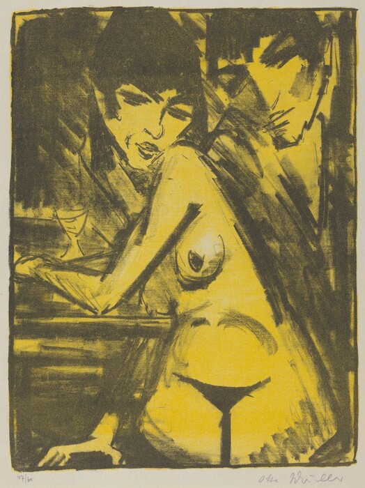The image displays a stylized portrayal of more than half of a person's body, focusing on their upper body and head. The person is shown in a seated position, with their body slightly turned and leaning over a table. Their facial features are depicted with exaggerated lines and angles, conveying a sense of sharpness in expression, and their hair appears dark and is rendered in loose, bold strokes. The person is unclothed and sitting with one arm resting on the table. There is a wine glass also depicted, and another face in the background. The background is filled with abstract, dark brush strokes that give a sense of depth and contrast to the bright yellow and black coloring of the image.