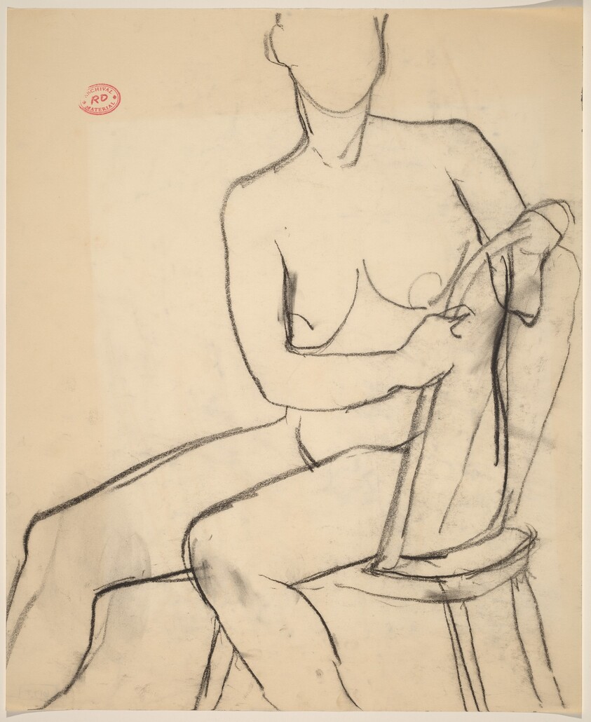 Untitled [seated female nude with hands clasping chair back]