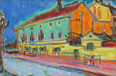 In saturated, vivid tones of mint green, marigold orange, dandelion yellow, sky blue, and rose pink, a long building stretches away from us along a walkway. The narrow end of the building facing us to the right is orange, and the long side is frosty green. The roof is painted garnet red, and the windows are created with slashes of midnight blue and dark red outlined with topaz blue. A wall enclosing the structure is lemon-lime yellow, and a fence in front of that is painted ultramarine blue. The walkway beneath the fence is pink and, to the left of that, pale blue. Two trees painted with twisting lines of ruby red, shamrock green, black, and off white edge into the scene along the left side, and the sky is lapis blue around a mint-green halo that surrounds the building’s roofline and walls. The scene is loosely painted with visible brushstrokes throughout.