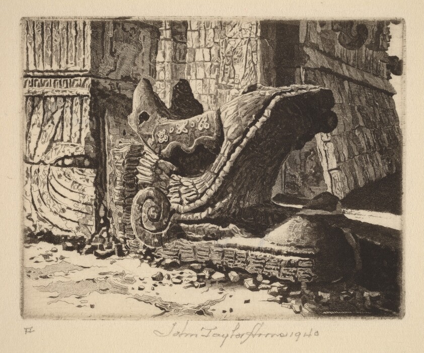 The image shows a detailed stone sculpture with intricate patterns and shapes, possibly resembling a mythological creature or symbolic artifact. The sculpture is made of stone and integrated into a stone structure. The background is a stone pathway or fallen fragments.