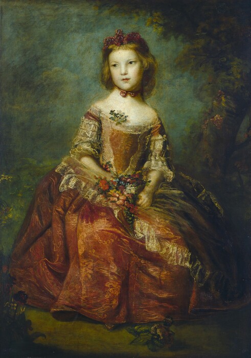 A young girl wearing a rust-red dress with a tight bodice and full, voluminous skirt sits in a hazy, garden-like setting in this vertical portrait painting. Her skin is pale with a greenish cast, but her cheeks are slightly flushed. Her body faces us but her head turns as she looks off to our left with dark eyes. She has faint brows, high cheekbones, a pointed chin, and her thin lips are parted. Her blond hair falls down the sides of her face, and she wears a brick-red bow across the top of her head. A second bow, the same color, is tied under her chin. Her dress is off the shoulders and cut low across her chest. The bodice, neckline, and half-length sleeves are lined with lace, and a sprig with forest-green leaves is tucked into the neckline. She holds a bouquet of red, pink, blue, and white flowers in her lap with both hands. The pointed tip of one gold shoe peeks out from under the hem of her skirt. The background around her is painted with blended tones of teal, aquamarine, and steel blue. A tree grows up along the right edge, and the dark canopy curves over her head, in the upper right corner. One rose lies in deep shadow near her feet.