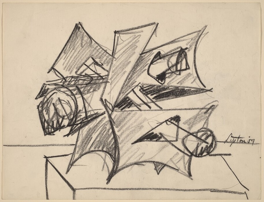 The image features intersecting angular and curved lines creating various shapes. The drawing has dark shading and crosshatching, with some parts resembling funnels or cones.