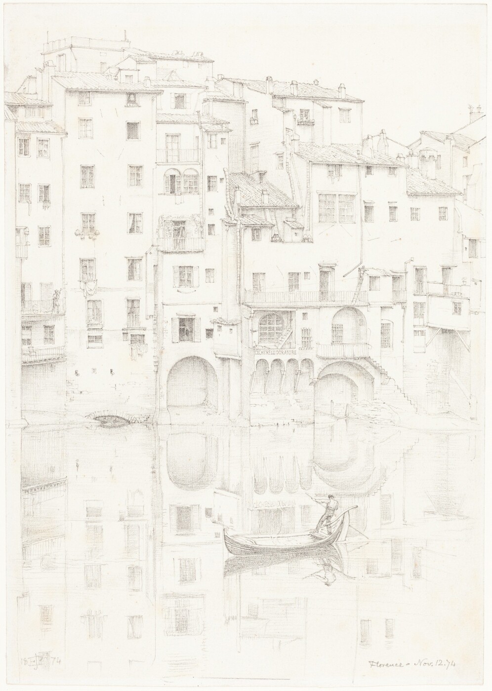 The image shows a row of buildings rising vertically, with little sky visible, suggesting a low-angle viewpoint, almost from water level. The buildings meet a body of water, where the horizon aligns with their bases. In the distance, the buildings form a continuous layer of arches, balconies, and windows, rendered with meticulous pencil lines. The artist's technique involves precise, linear brushstrokes for a detailed scene. Light and shadows are indicated through subtle shading, creating a monochromatic color palette of various shades of gray and white. In the lower part, a gondola with an occupant is depicted, reflected in the water, adding depth to the cityscape.