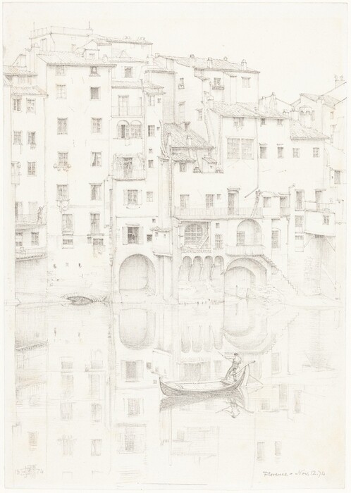 The image shows a row of buildings rising vertically, with little sky visible, suggesting a low-angle viewpoint, almost from water level. The buildings meet a body of water, where the horizon aligns with their bases. In the distance, the buildings form a continuous layer of arches, balconies, and windows, rendered with meticulous pencil lines. The artist's technique involves precise, linear brushstrokes for a detailed scene. Light and shadows are indicated through subtle shading, creating a monochromatic color palette of various shades of gray and white. In the lower part, a gondola with an occupant is depicted, reflected in the water, adding depth to the cityscape.