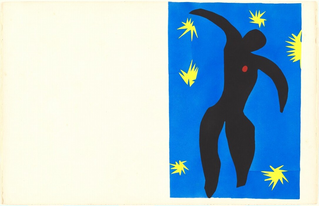 This painting shows a large, black, humanoid figure in a dynamic pose against a vivid blue background. Their arms are outstretched and their legs are apart. Bright yellow star-like shapes surround the figure. A small red circle is located on the figure's chest, slightly towards their left side. The colors in the painting are bright and flat, with no detail or texture. This painting occupies half of a horizontal sheet of off-white paper; the other half is blank.