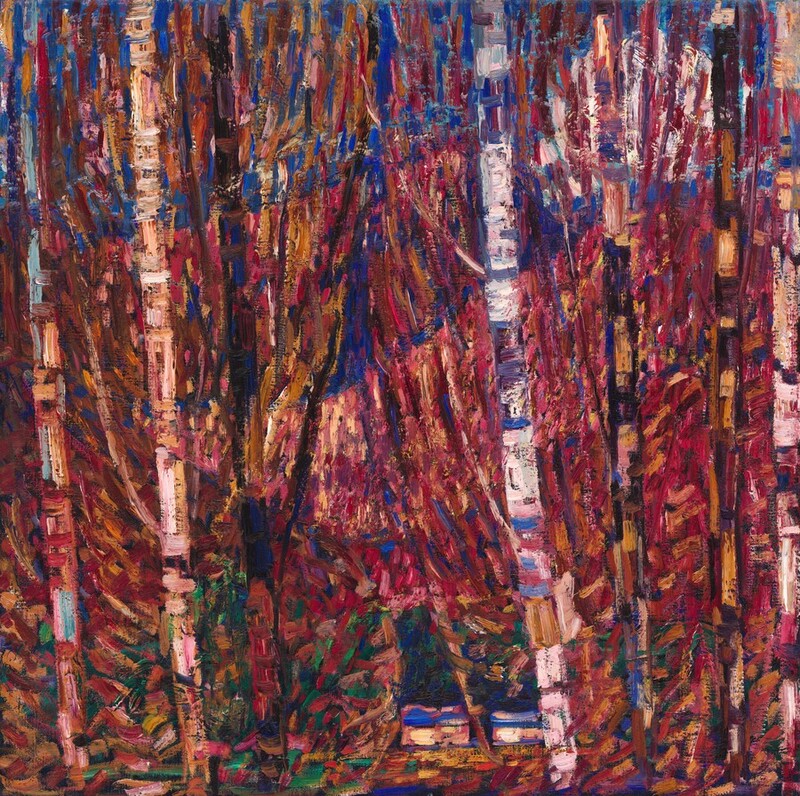 Vibrant strokes of cranberry red, cobalt blue, butterscotch yellow, emerald green, tan, and parchment white create a view of densely spaced trees in this abstracted, nearly square painting. Thin, vertical tree trunks span the height of the composition, and are irregularly marked with horizontal strokes of topaz blue, earth brown, shell pink, or scarlet red. The spaces between the trunks are filled in almost entirely with diagonal, vertical, and a few horizontal strokes to suggest a dense canopy. Rows of short, vertical strokes in royal blue or violet purple create two diagonal bands across the top third of the painting. A break in the forest at the bottom center opens onto two small rectangles topped with strokes of lapis blue, perhaps representing houses in the distance.