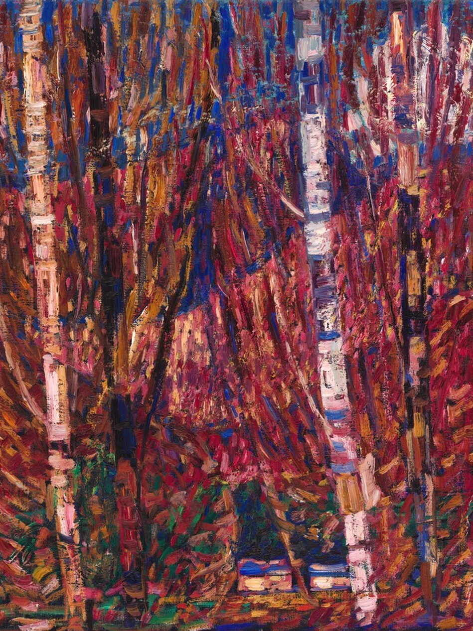 Vibrant strokes of cranberry red, cobalt blue, butterscotch yellow, emerald green, tan, and parchment white create a view of densely spaced trees in this abstracted, nearly square painting. Thin, vertical tree trunks span the height of the composition, and are irregularly marked with horizontal strokes of topaz blue, earth brown, shell pink, or scarlet red. The spaces between the trunks are filled in almost entirely with diagonal, vertical, and a few horizontal strokes to suggest a dense canopy. Rows of short, vertical strokes in royal blue or violet purple create two diagonal bands across the top third of the painting. A break in the forest at the bottom center opens onto two small rectangles topped with strokes of lapis blue, perhaps representing houses in the distance.