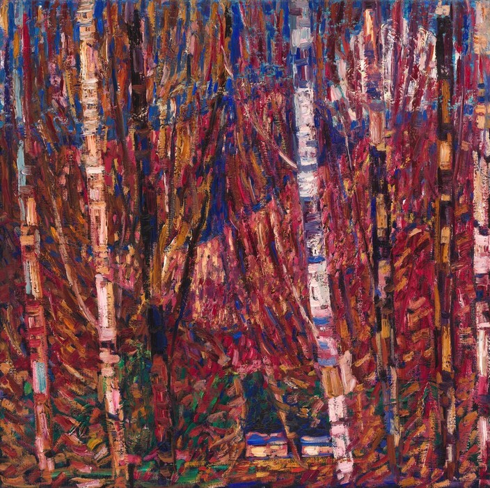 Vibrant strokes of cranberry red, cobalt blue, butterscotch yellow, emerald green, tan, and parchment white create a view of densely spaced trees in this abstracted, nearly square painting. Thin, vertical tree trunks span the height of the composition, and are irregularly marked with horizontal strokes of topaz blue, earth brown, shell pink, or scarlet red. The spaces between the trunks are filled in almost entirely with diagonal, vertical, and a few horizontal strokes to suggest a dense canopy. Rows of short, vertical strokes in royal blue or violet purple create two diagonal bands across the top third of the painting. A break in the forest at the bottom center opens onto two small rectangles topped with strokes of lapis blue, perhaps representing houses in the distance.
