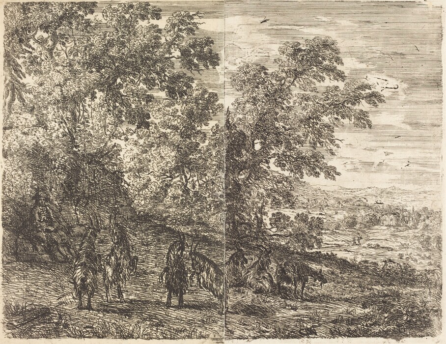 The image shows a pastoral landscape with grazing goats on a slope under sprawling trees. The horizon is high in the composition, featuring rolling hills and distant buildings. The etching technique creates a monochromatic palette, emphasizing light and shadow. The background depicts a vast sky with silhouettes of birds in flight.