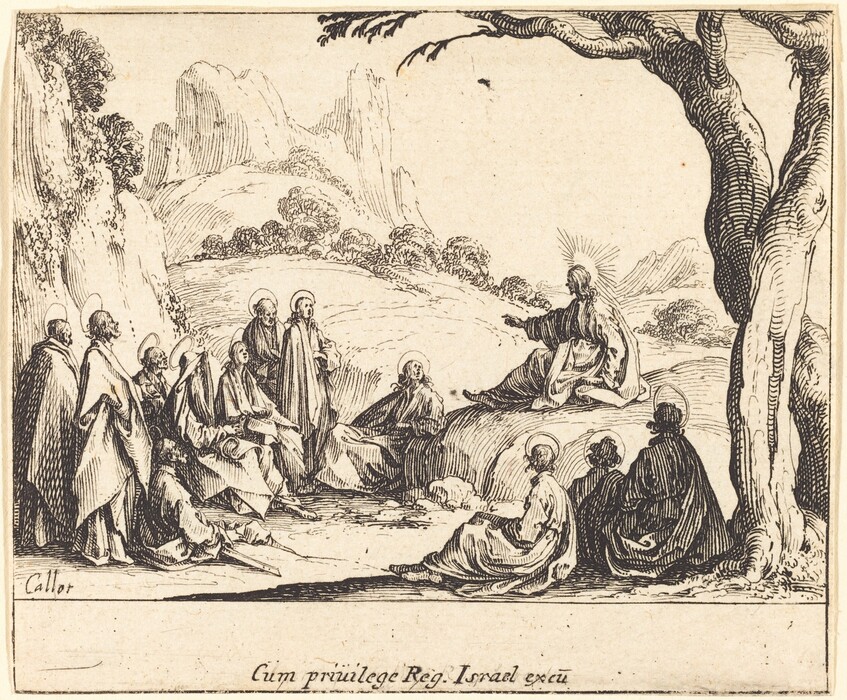 The image shows a group of individuals seated on a natural landscape, with each person's full figure visible. The central figure is seated on a rock, gesturing with an outstretched arm towards the group, which is positioned in a semicircle around them. This central figure has a halo behind their head. The individuals around them also have halos. All individuals wear long robes and have bearded faces. The setting includes trees and rocky, hilly terrain, suggesting an outdoor gathering in nature.