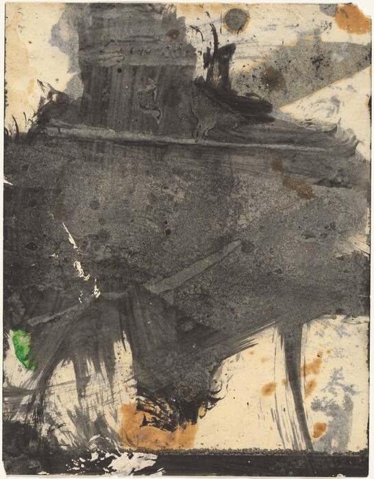 In this image, swirling layers of dark, smoky lines and patches of rough, textured marks form an intricate composition. The abstract nature of the image suggests motion and depth. Soft, uneven strokes in shades of black and gray dominate the center, punctuated by a splash of green and dispersed brownish-orange spots. The interplay of shadowy tones creates a sense of mystery, inviting the viewer to explore shapes that could be rocks, waves, or distant landscapes.