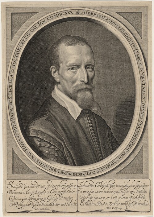 The image depicts the upper torso of a bearded man in a three-quarter position. The man has detailed facial features, including a prominent forehead, deep-set eyes, pronounced cheekbones, and a neatly groomed beard and mustache. He has short, combed-back hair and is dressed in a period outfit with a collared shirt and a jacket with buttons and intricate patterns. The man is surrounded by an oval frame with inscribed text inside. In the background of the frame, there is a dark textured surface. Additional text in an ornate script is located beneath the portrait.