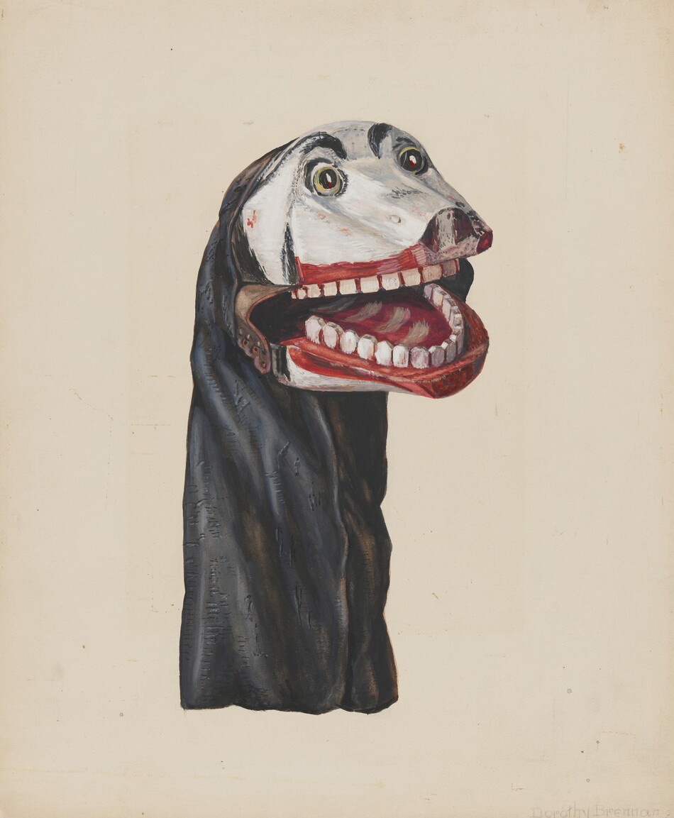 The image depicts a vertical, elongated form with a curved shape at the top, leading to intricate lines and shapes resembling a stylized head. It resembles a puppet or marionette head with exaggerated human-like features, including large eyes and an open mouth revealing teeth. The design includes a draped cloth, resembling a cloak or protective garment. The composition suggests theatrical or puppet-like elements, blending abstract lines with characteristics of a stage puppet or character mask.