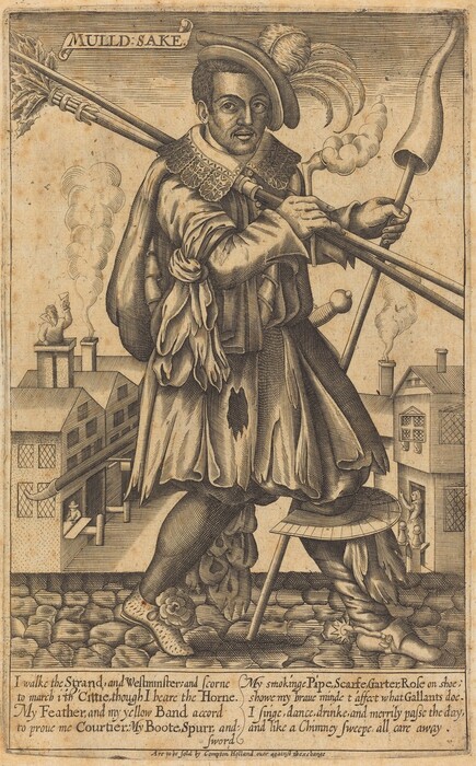 The image shows a man standing in an exaggerated pose, holding two pipes emitting smoke. He has a mustached face, wears a feathered hat, and elaborate period clothing. The background features a cityscape with buildings emitting smoke.