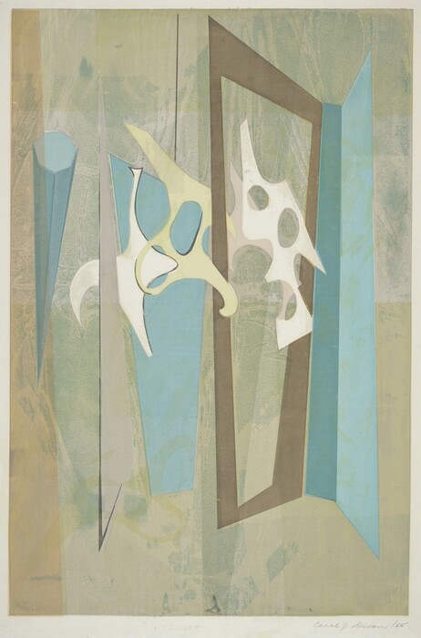 The image shows a collection of elongated and angular shapes intersecting and layering upon each other in an abstract composition. Some shapes resemble shards of glass or angular blades, while others have a skeletal appearance with perforations, suggesting a connection to natural formations. The color palette includes blues, earthy greens, and tans, enhancing the abstract quality and evoking a sense of depth and transparency, similar to tinted glass windows.