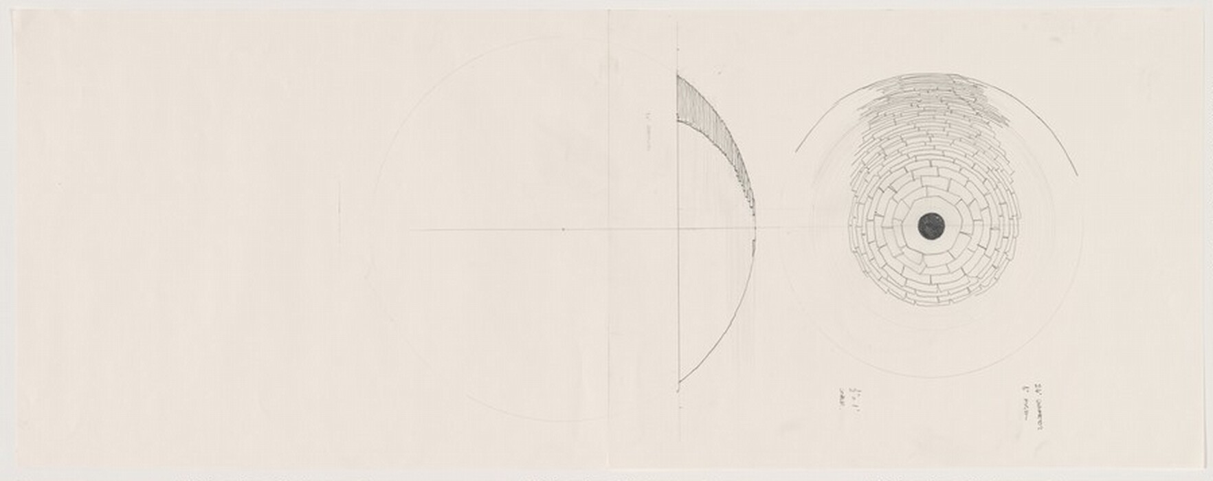 The image shows an arrangement of lines and circular shapes on a blank canvas. On the right side, there are concentric circles and a semicircle filled with dense lines. The left side also features faint lines suggesting overlapping circles, creating an abstract representation.