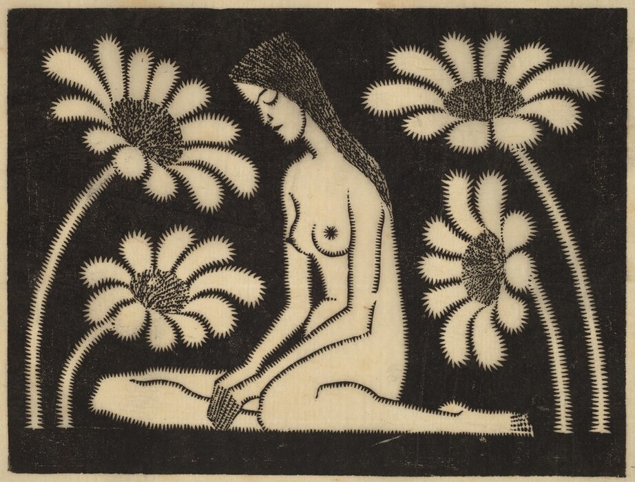 The image shows a nude woman seated on the ground in a kneeling posture, facing left. She has long, black hair and is surrounded by stylized flowers. The background is dark, creating contrast with the woman and flowers.