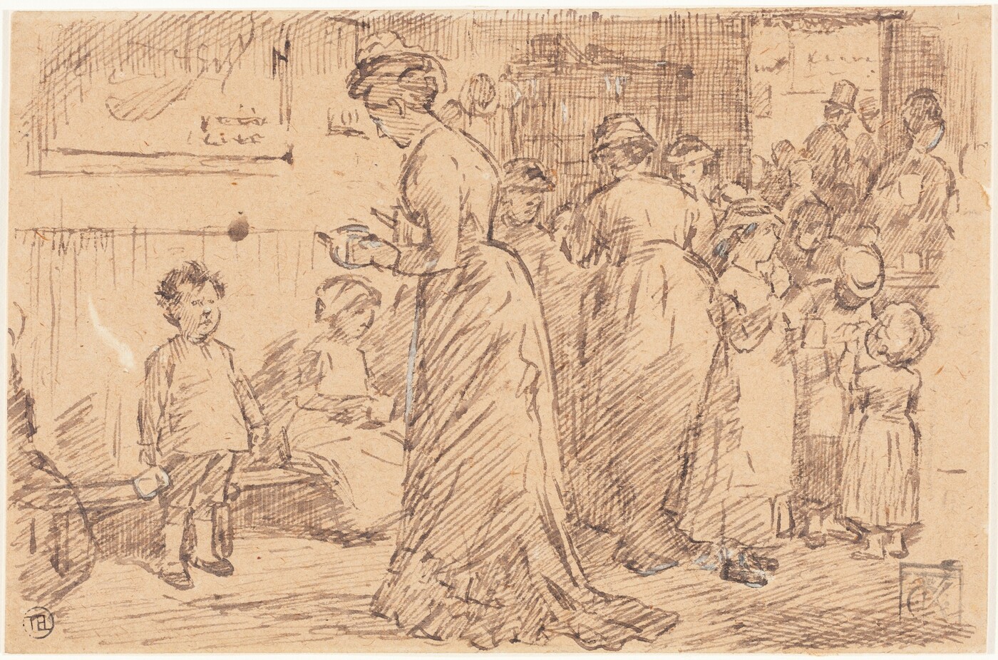 This is a drawing of an interior scene with multiple figures in a public setting. The drawing portrays a group of figures gathered in a room, some seated and others standing. In the foreground, there is a tall central figure engaged in an activity. The room is filled with various individuals, some standing closely together and others scattered around the space. The artist uses line work and shading to depict the scene, creating a sense of activity and interaction. Cross-hatching techniques are employed for depth and texture, capturing the lively atmosphere. The drawing is done in brownish hues on paper using charcoal or pencil.