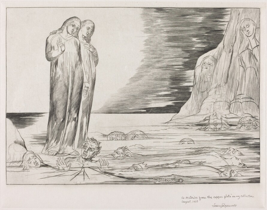 A drawing of two robed figures standing near a body of water with faces visible beneath the surface. The scene is in a monochromatic style, with the central figures draped in flowing garments by the water, filled with faces of individuals. Some faces are partially submerged, showing expressions of distress or contemplation. The foreground displays detailed faces, creating a mood and narrative. In the background, a rocky cliff with carved faces adds to the mystical atmosphere. The composition blends human forms with natural elements, creating a surreal quality. The drawing's style suggests a symbolic or allegorical theme, focusing on the interaction between the figures and their environment in this ethereal landscape.