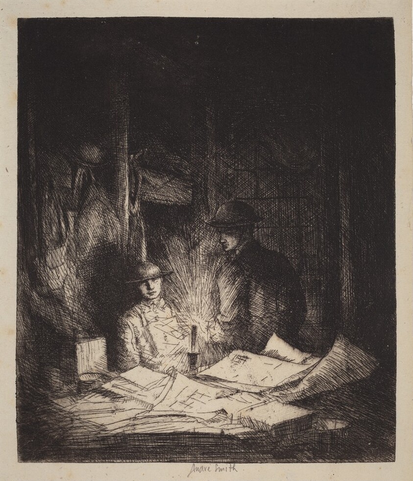 Untitled (An Officer Reading Dispatches in Candle-Lit Barracks, World War I)