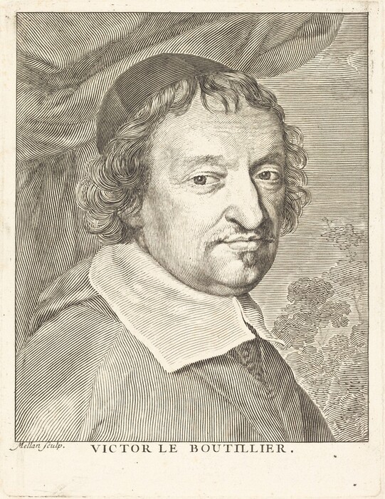 The image is an etched portrait showing the upper body of a man in a three-quarter pose, facing slightly left but looking directly at the viewer. The man has a distinguished face with a strong nose, slightly pursed lips, and a gaze that seems focused. His hair is curly and medium-length, peeking out from under a skullcap. He is wearing a garment with a large, wide collar typical of the period, suggesting formal attire. The background features subtle lines indicating drapery and foliage elements. Below the image is the name "Victor Le Boutillier," and in the lower-left corner, "Mellan fecit" indicates the artist responsible for the engraving.