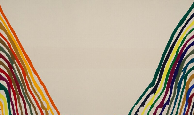 On either side of a rectangular, off-white canvas, thirteen wavy, almost parallel lines, each in a different color, drift and drip from either short end of the canvas down toward the bottom center. The lines vary in thickness and many are separated by narrow white spaces, but sometimes the lines bump or drip into their neighbors. Most of the colors to our left are warm, with buttercup yellow, papaya and fire orange, pea green, crimson red, and magenta. To our right, most of the colors are cool with pine and forest green, navy blue, burgundy red, and one lemon-yellow line. The largest portion of the composition, though, is the V-shaped white space left in between each bank of thirteen lines.